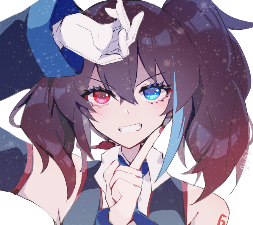 1girl, absurdres, black_hair, blue_eyes, blue_hair, collared_shirt, detached_sleeves, grin, hand_up, heterochromia, highres, index_finger_raised, long_sleeves, looking_at_viewer, multicolored_hair, nail_polish, portrait, red_eyes, shirt, sleeveless, sleeveless_shirt, smile, solo, streaked_hair, torino_sasami, twintails, utau, yokune_ruko