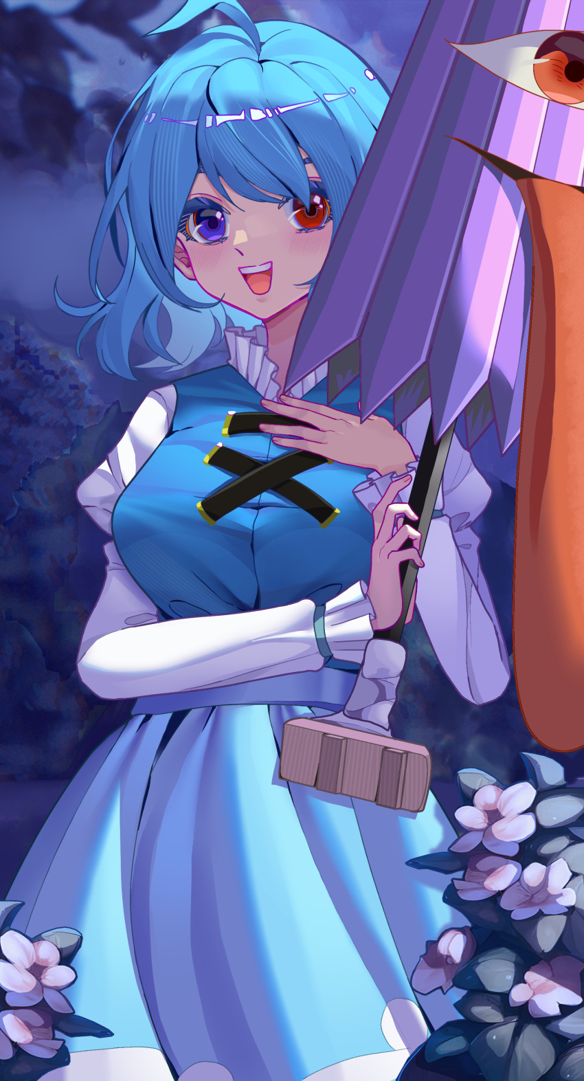 1girl, :d, absurdres, ahoge, blue_eyes, blue_hair, blue_skirt, blue_vest