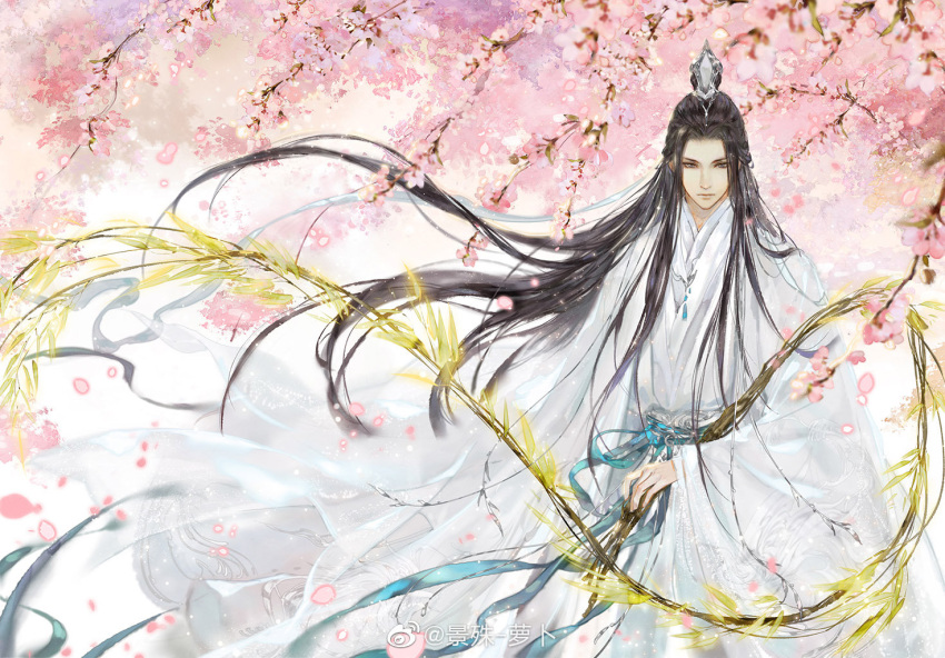 1boy, blue_ribbon, blurry, brown_hair, chinese_clothes, chinese_commentary, chu_wanning, closed_mouth, depth_of_field, erha_he_tadebai_mao_shizun, expressionless, falling_petals, flower, grey_eyes, hair_bun, hanfu, holding, holding_weapon, holding_whip, jing_shu, long_hair, long_sleeves, looking_at_viewer, male_focus, official_art, petals, ribbon, solo, tree, weapon, whip, white_hanfu, white_ribbon, wide_sleeves, wind, wind_lift, xiao_guan_(headdress)