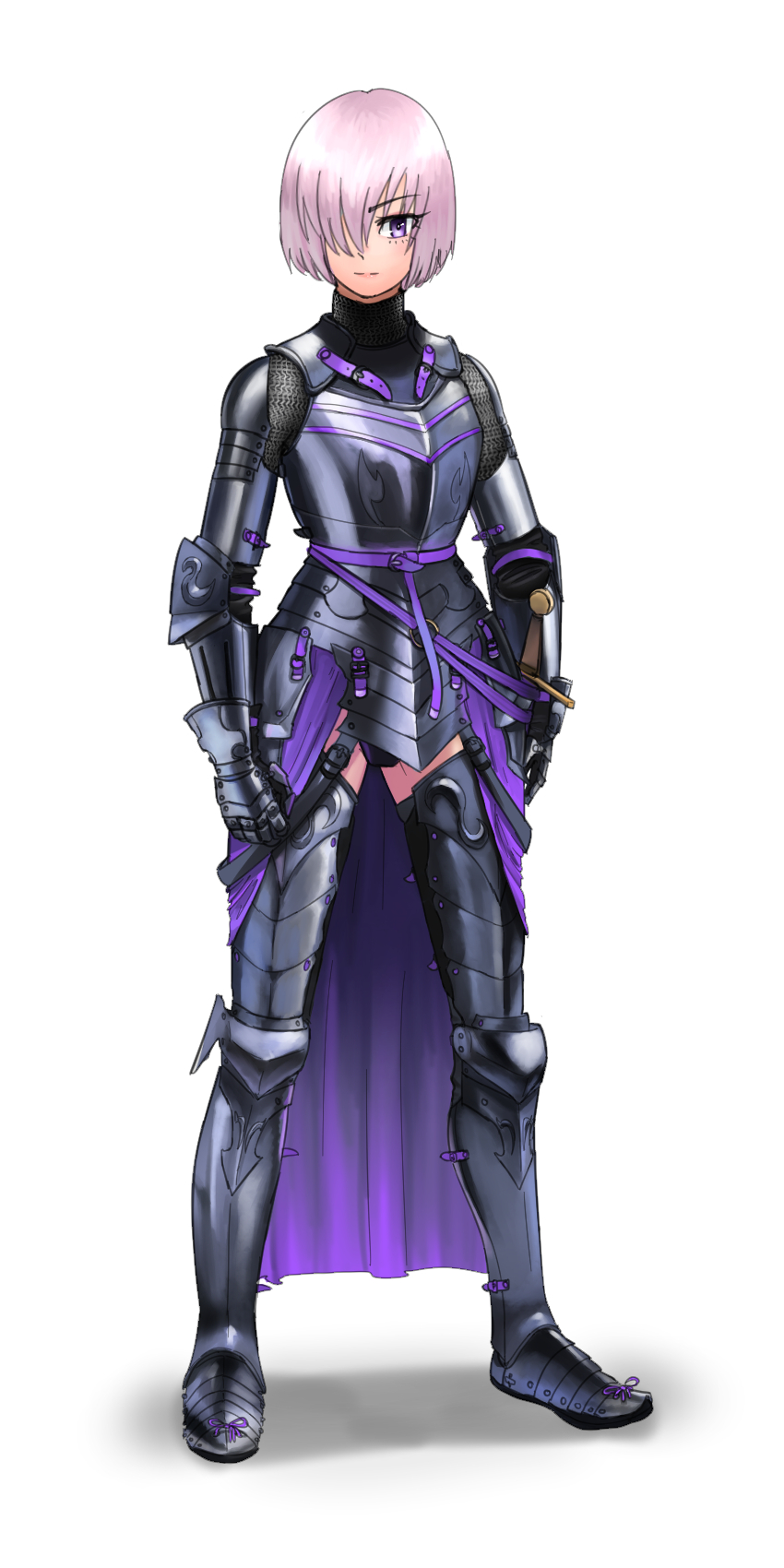 1girl, adapted_costume, armor, armored_boots, arms_at_sides, boots, breastplate, chainmail