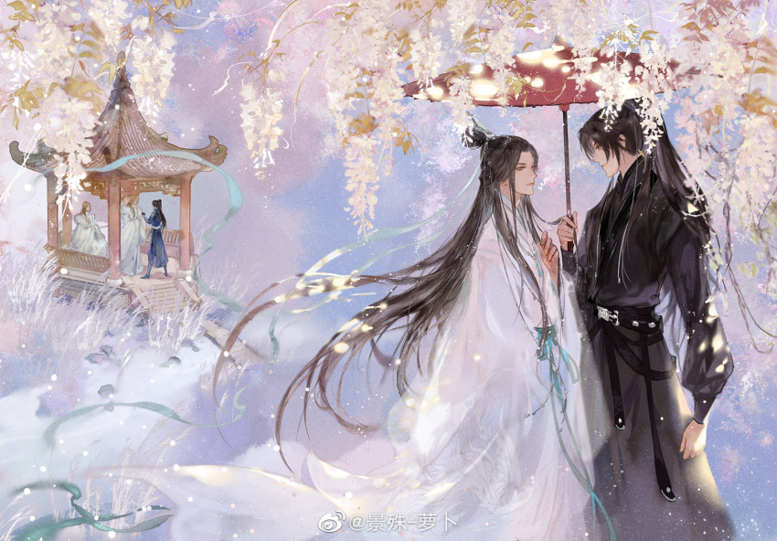 5boys, black_hair, black_hanfu, blonde_hair, blue_hanfu, chinese_clothes, chinese_commentary, chu_wanning