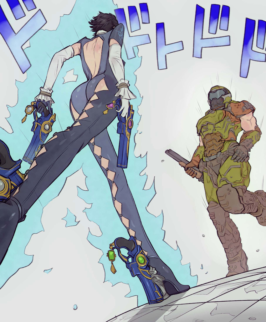 1girl, amulet, ankle_gun, armor, ass, bayonetta, bayonetta_(series), bayonetta_2