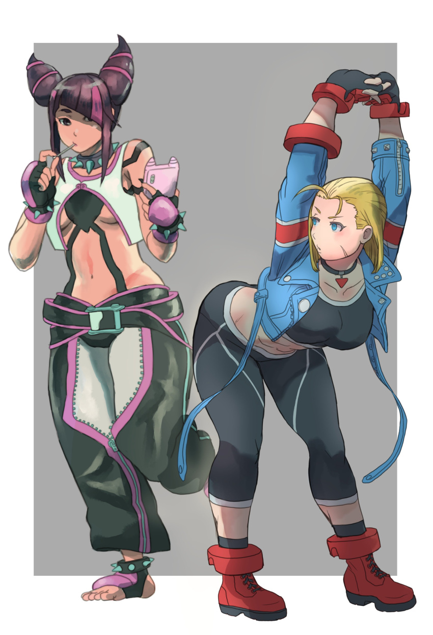 2girls, absurdres, arms_up, asymmetrical_gloves, baggy_pants, belt, black_hair, black_sports_bra, blonde_hair, blue_jacket, bracelet, cammy_stretch_(meme), cammy_white, cellphone, chinese_clothes, collar, cropped_jacket, drill_hair, dudou, hair_horns, han_juri, highres, jacket, jewelry, k_katora, meme, multicolored_hair, multiple_girls, pants, pendant_choker, phone, scar, scar_on_cheek, scar_on_face, short_hair, simple_background, single_vambrace, smile, spiked_anklet, spiked_bracelet, spiked_collar, spikes, sports_bra, street_fighter, street_fighter_6, stretching, tight_clothes, tight_pants, toeless_legwear, toned, twin_drills, vambraces