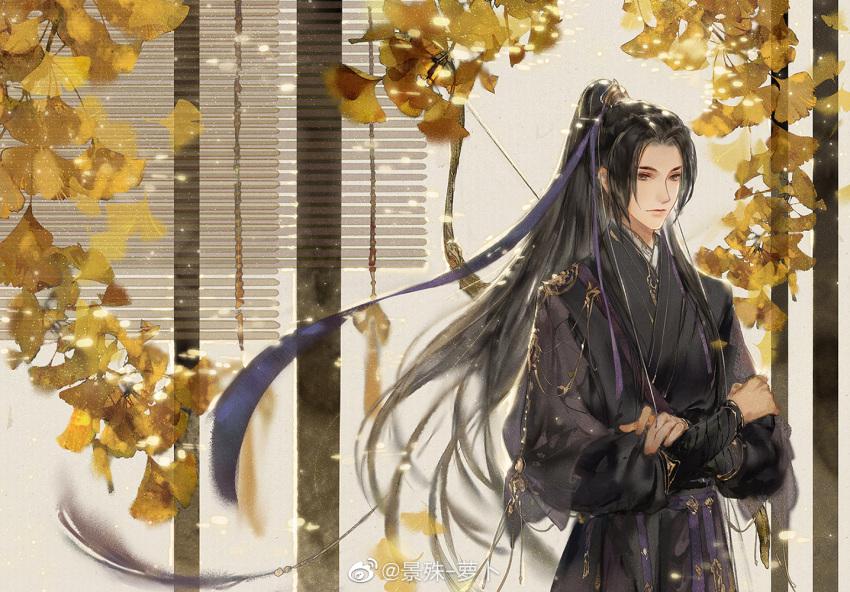 1girl, black_hair, black_hanfu, bow_(weapon), brown_eyes, chinese_clothes, chinese_commentary, closed_mouth