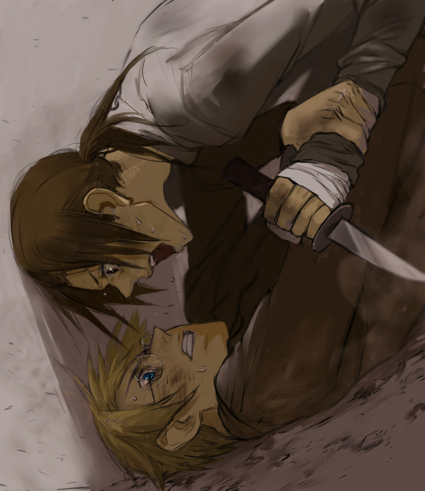 america_(hetalia), axis_powers_hetalia, bandages, china_(hetalia), highres, knife, multiple_boys, shishio