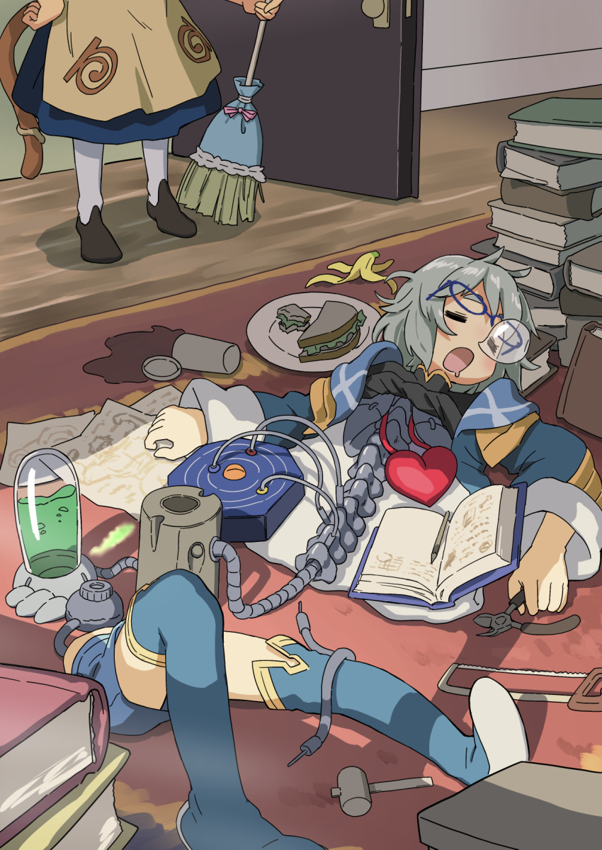 1boy, 1girl, :o, android, banana_peel, blue_shorts, book, book_stack, boots, broom, closed_eyes, coping_saw, dress, drooling, food, hammer, highres, indoors, mallet, mechanical_parts, mechanical_spine, medium_dress, mouth_drool, nose_bubble, open_book, original, sandwich, saw, shorts, sleeping, spill, stevia_(vanillaklein), thigh_boots, vanilla_(vanillaklein), vanillaklein