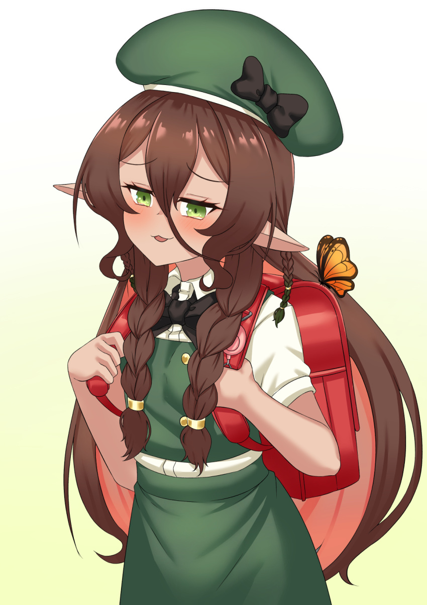 1girl, alternate_costume, backpack, bag, belt, beret, black_bow, black_bowtie