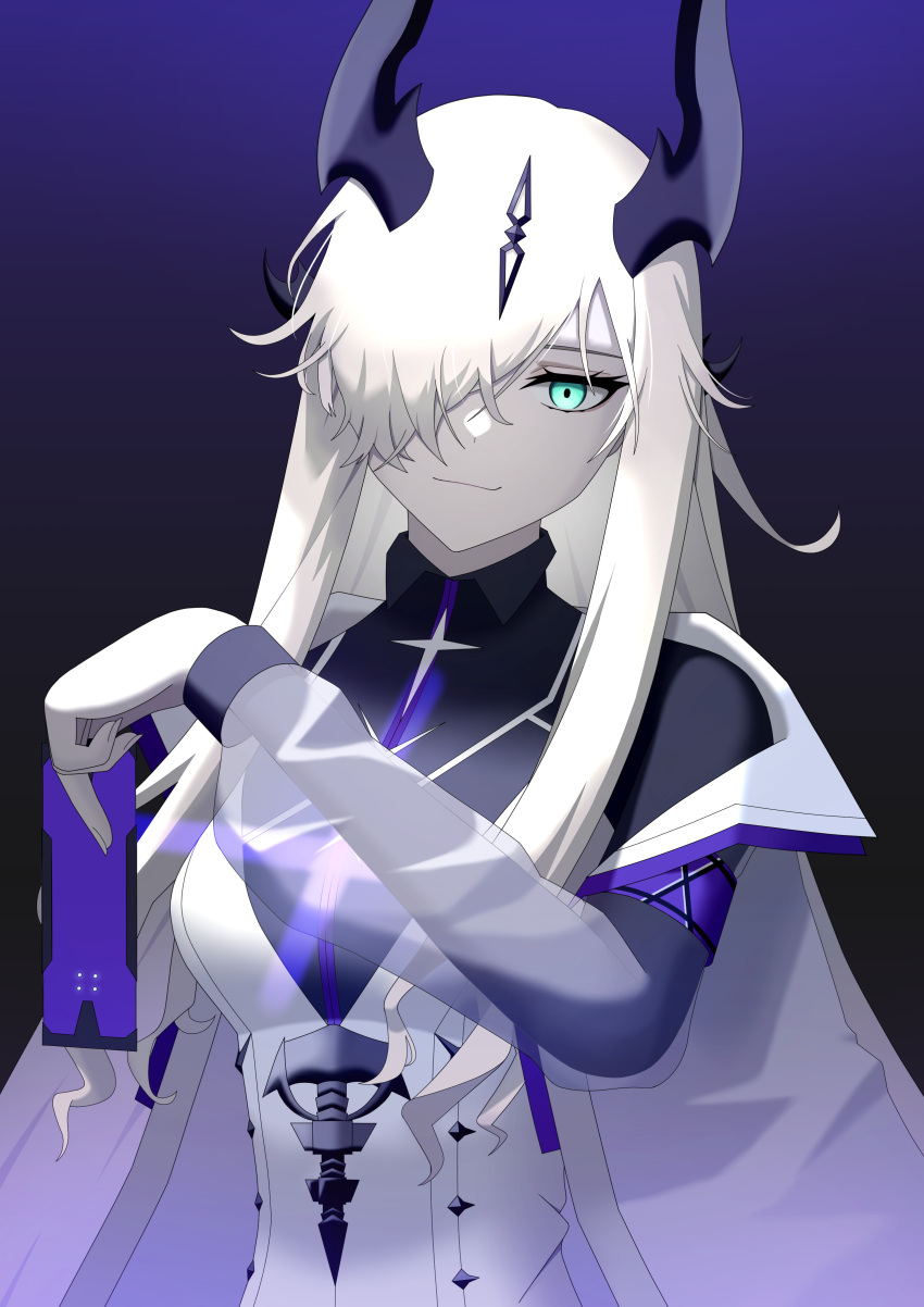 1girl, absurdres, arknights, black_horns, black_shirt, blue_eyes, card, collared_shirt