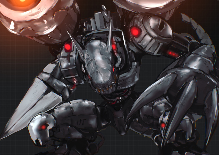 absurdres, armor, black_theme, building, cable, circuit, claw_(weapon), claws