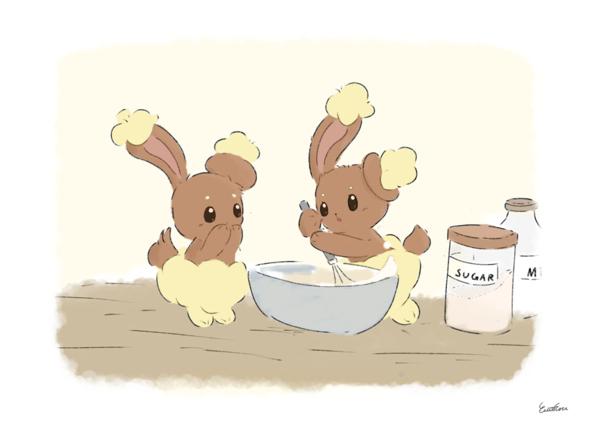 2others, animal_ears, animal_feet, animal_hands, arms_up, artist_name, blank_eyes, blush, body_fur, border, bottle, brown_eyes, brown_fur, buneary, child, commentary_request, cooking, covering_own_mouth, emofuru_(vktd5442), full_body, furry, hands_up, highres, holding, holding_whisk, jar, light_blush, looking_at_another, milk_bottle, mixing_bowl, multiple_others, open_mouth, other_focus, outstretched_arm, own_hands_together, partial_commentary, pokemon, pokemon_(creature), rabbit_ears, rabbit_tail, short_tail, signature, standing, tail, two-tone_fur, whisk, white_border, yellow_background, yellow_fur