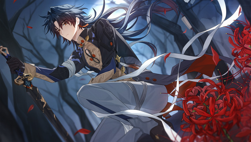 1boy, arm_on_knee, bandaged_arm, bandaged_leg, bandages, black_coat, black_gloves, black_hair