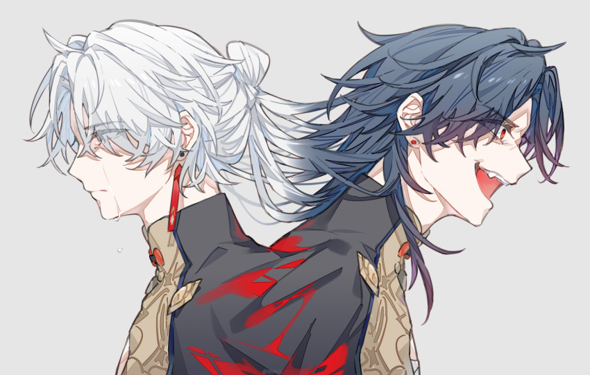2boys, anchun_(quail0503), armor, black_hair, black_shirt, blade_(honkai:_star_rail), blue_eyes, breastplate