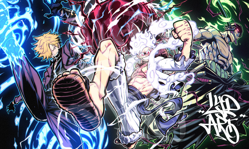 3boys, aura, bandana, black_gloves, black_shirt, black_skin, blonde_hair, blue_fire
