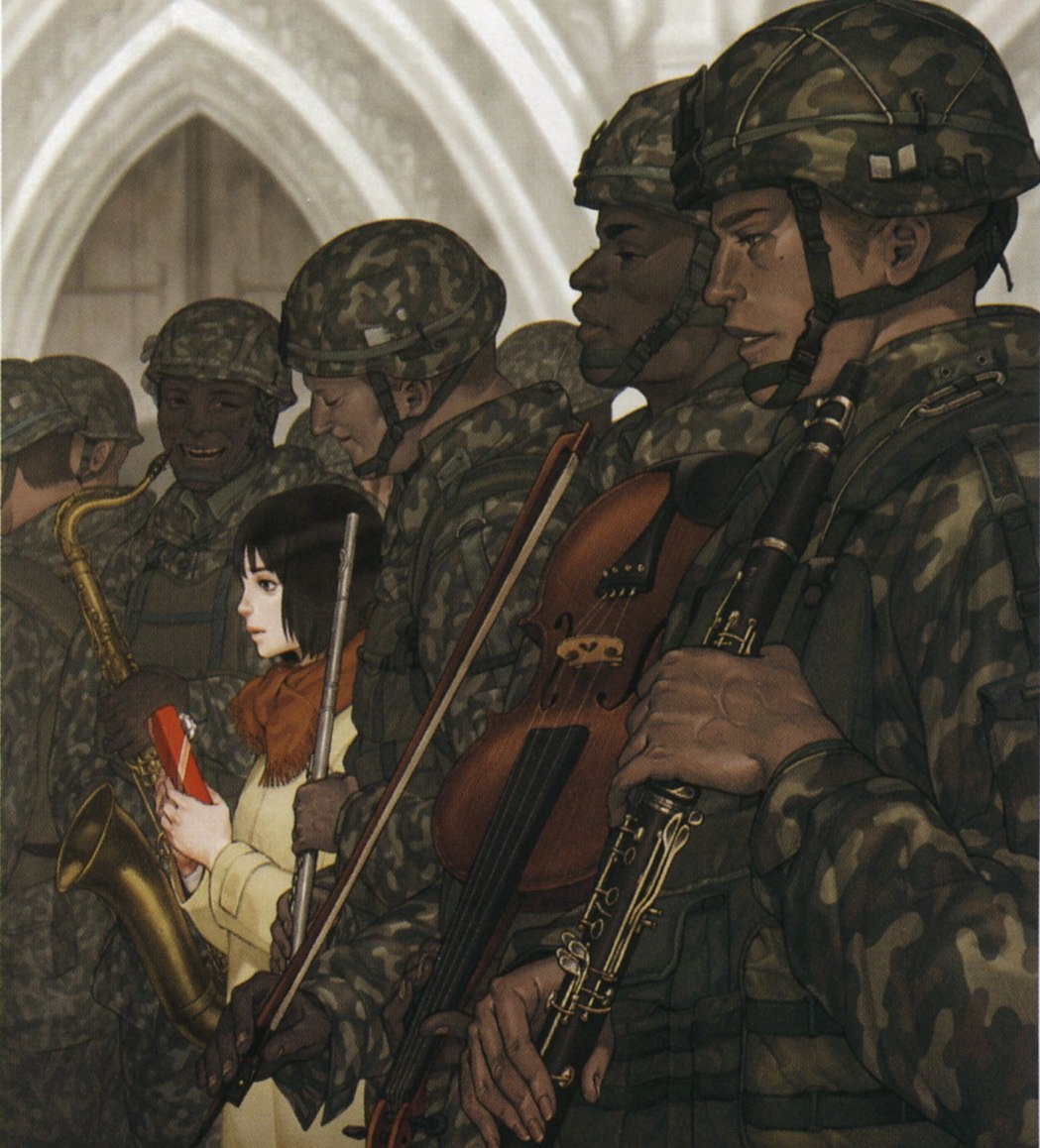 black_hair, camouflage, coat, dark_skin, flute, gift, helmet, instrument, mi(artist), pale_skin, piccolo_(instrument), saxophone, scarf, short_hair, smile, soldiers, violin