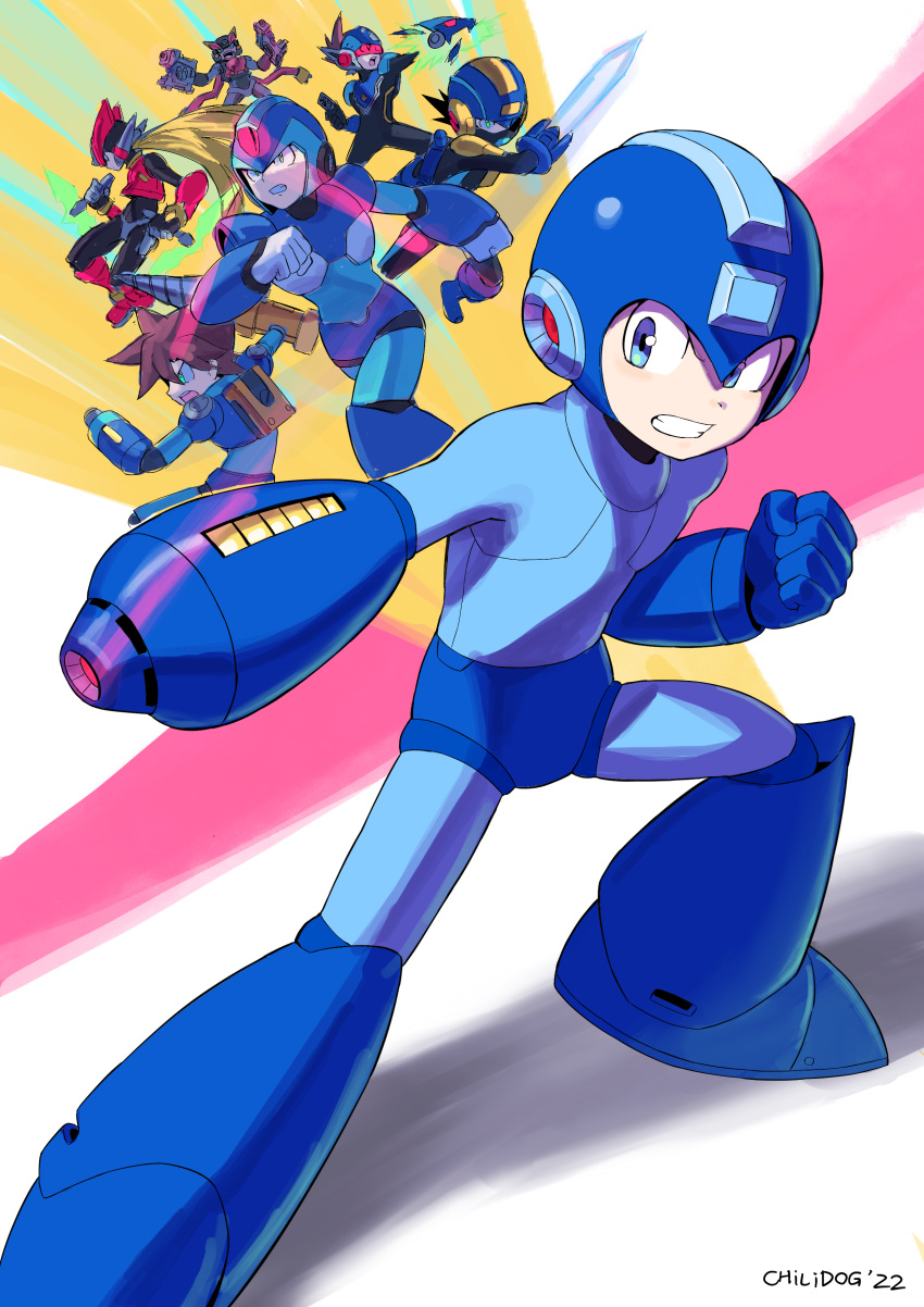6+boys, absurdres, android, arm_cannon, armor, artist_name, blonde_hair, blue_armor