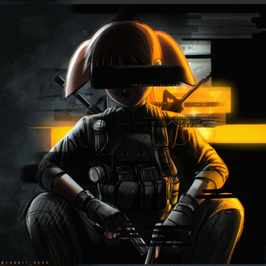 1girl, alternate_costume, ammunition_pouch, assault_rifle, azumanga_daioh, black_gloves, bulletproof_vest, call_of_duty