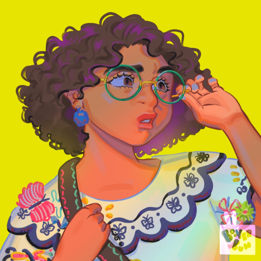 1girl, aquiboni, brown_eyes, brown_hair, curly_hair, dark-skinned_female, dark_skin, disney, dress, earrings, encanto, glasses, green-framed_eyewear, highres, jewelry, lipstick, makeup, mirabel_madrigal, shirt, short_hair, simple_background, thick_eyebrows