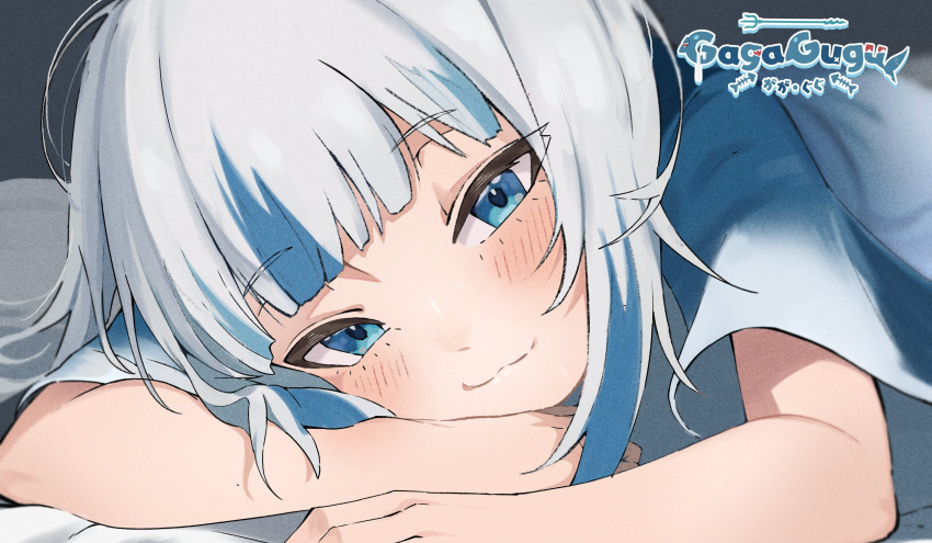 1girl, :3, blue_eyes, blue_hair, character_name, closed_mouth, dwisketch, gawr_gura