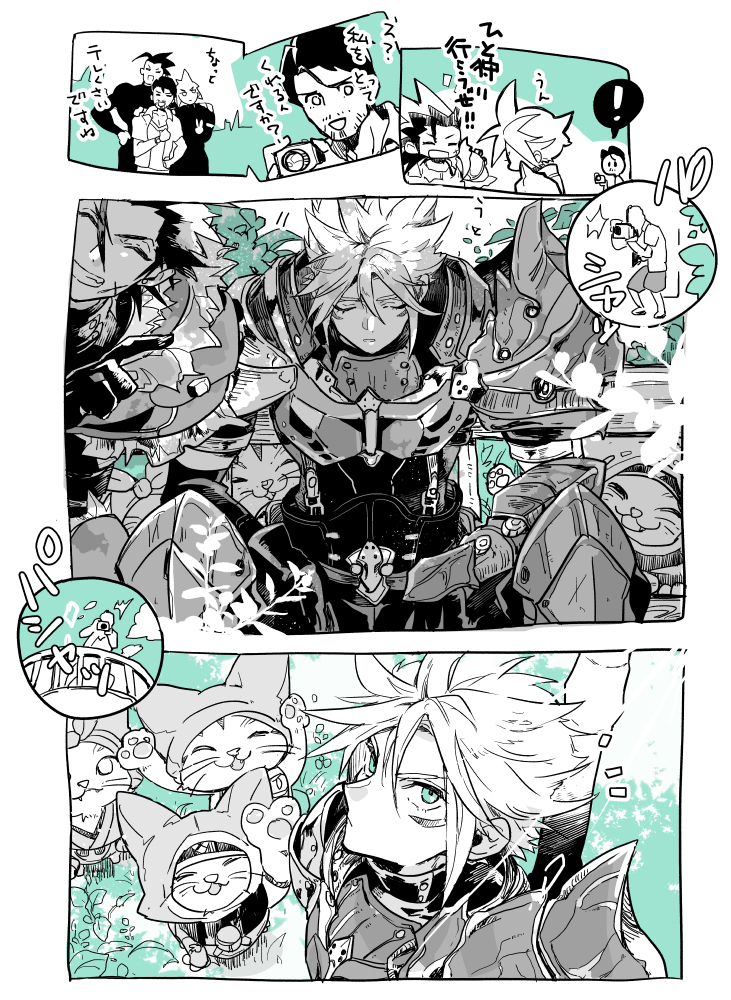 3boys, aqua_eyes, armor, black_gloves, black_hair, camera, cat, closed_eyes