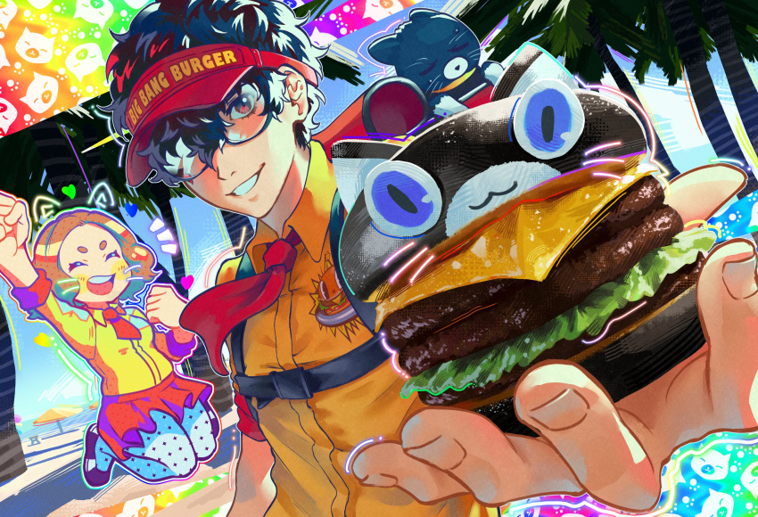 1boy, 1girl, ^_^, absurdres, amamiya_ren, andrich_galam, arm_up, burger