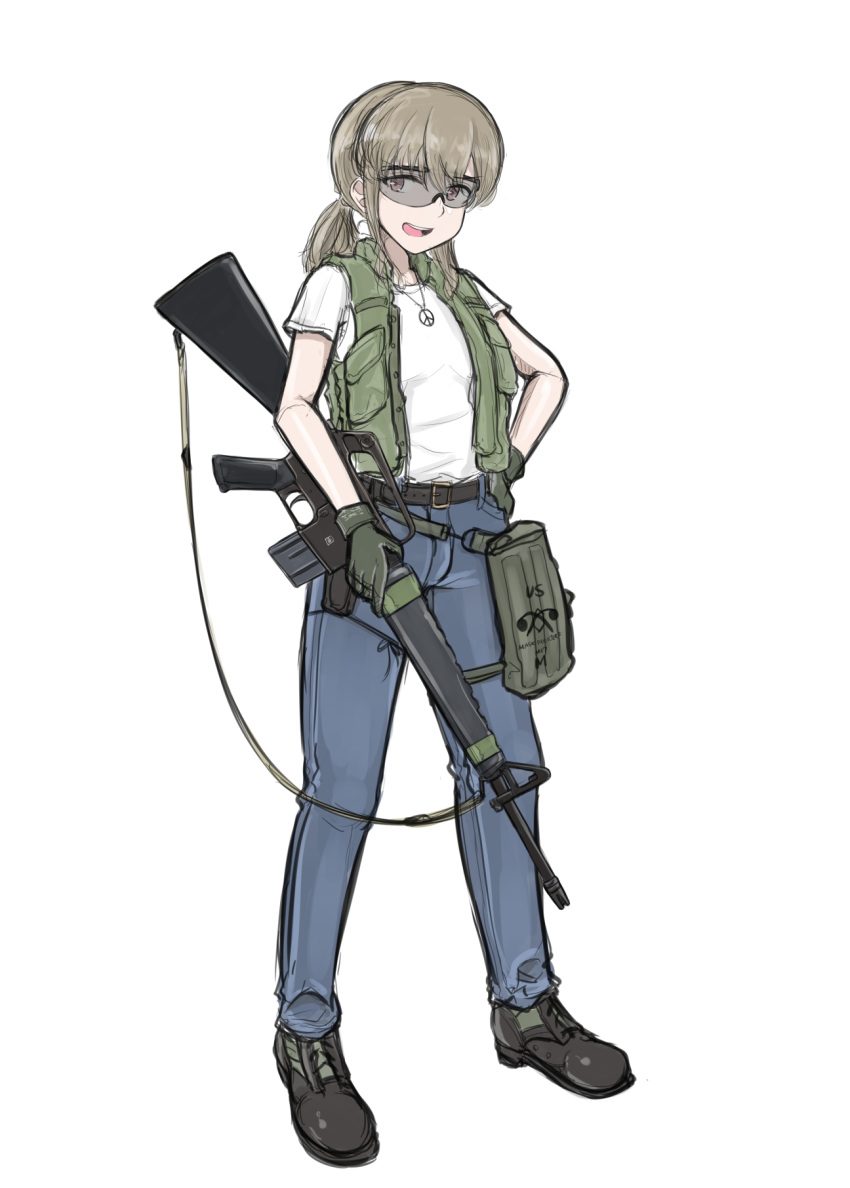 assault_rifle, bulletproof_vest, denim, gloves, gun, gun_sling, highres, holding, holding_weapon, jeans, jungle_boots, looking_at_viewer, m16, m16a1, original, pants, rifle, safety_glasses, savankov, weapon