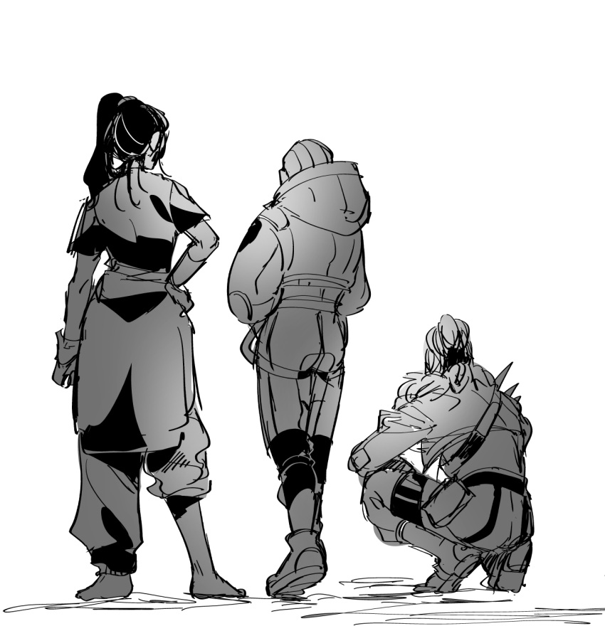 3girls, apex_legends, bodysuit, boots, from_behind, fur-trimmed_jacket, fur_trim, gloves