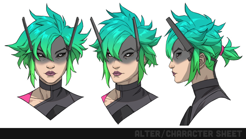 1girl, absurdres, alter_(apex_legends), apex_legends, aqua_hair, black_bodysuit, black_sclera, bodysuit, character_name, collarbone, colored_sclera, didier_nguyen, english_commentary, gradient_hair, green_hair, highres, multicolored_hair, multiple_views, official_art, ponytail, production_art, purple_lips, reference_sheet, short_hair, simple_background, white_background, white_eyes