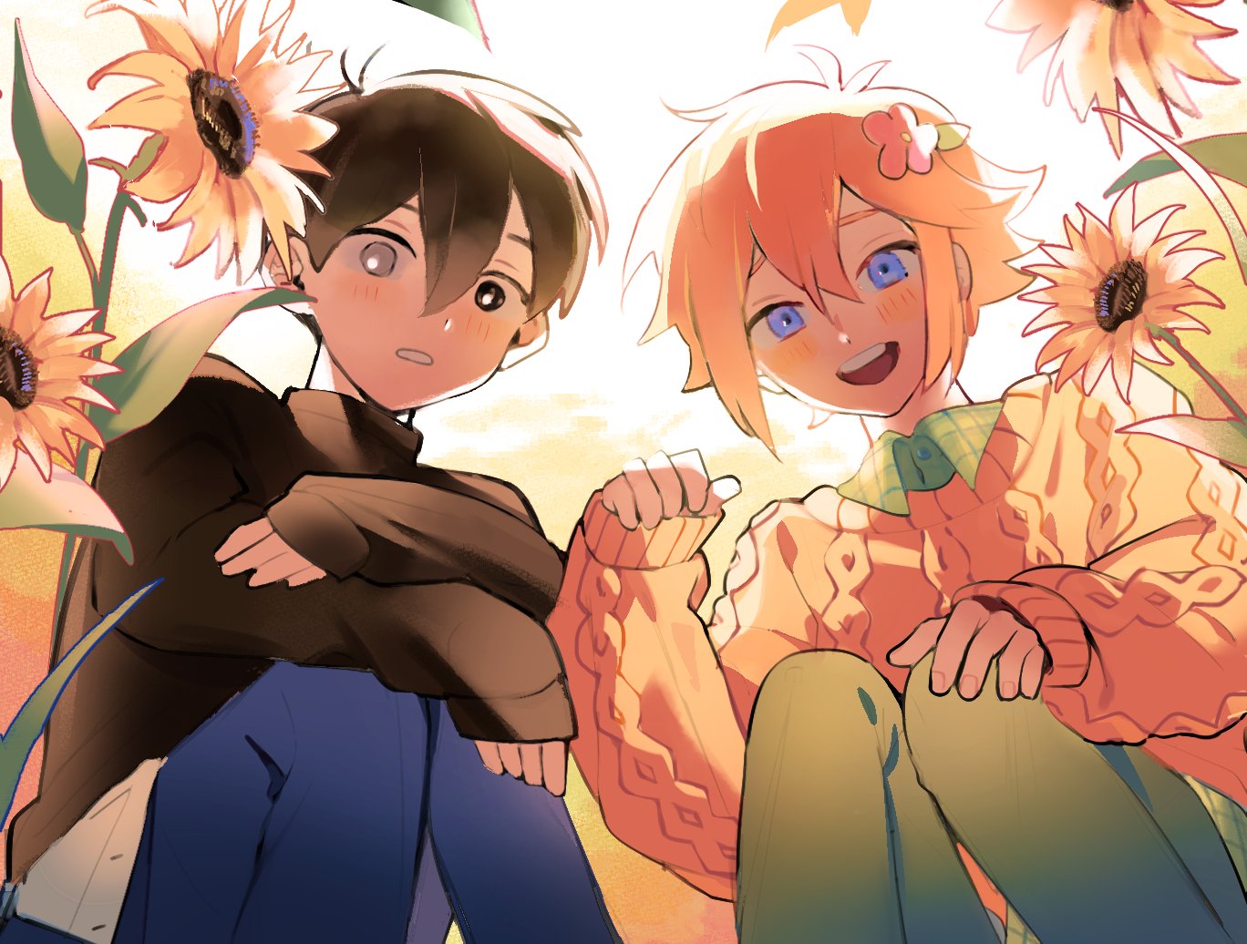 2boys, basil_(faraway)_(omori), basil_(omori), black_eyes, black_hair, black_sweater, blonde_hair, blue_eyes, blue_pants, blush, flower, green_pants, hair_flower, hair_ornament, long_sleeves, looking_at_viewer, momi_omori, multiple_boys, omori, pants, parted_lips, short_hair, sleeves_past_wrists, smile, spoilers, squatting, sunflower, sunny_(omori), sweater, teeth, upper_teeth_only