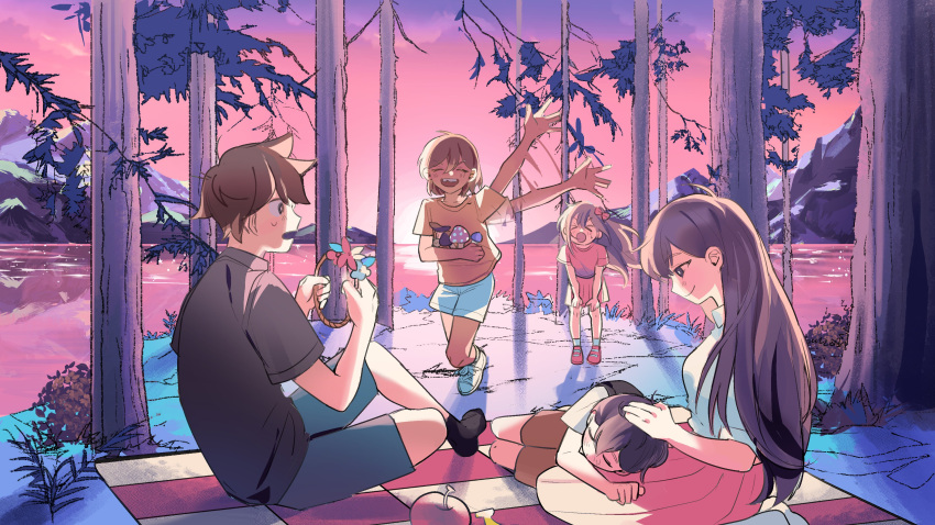 2girls, 3boys, absurdres, aubrey_(faraway)_(omori), aubrey_(omori), black_hair, black_shirt, blue_shirt