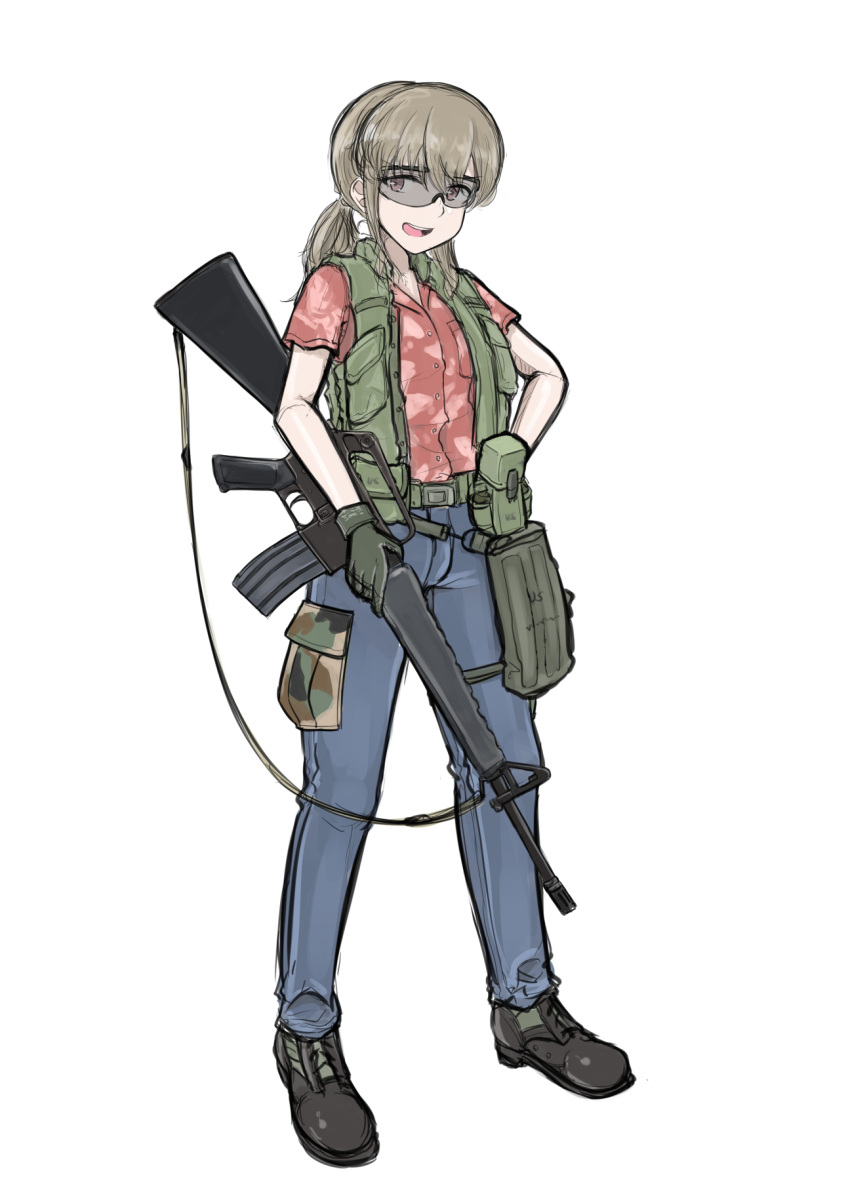 alice_gear, assault_rifle, bulletproof_vest, denim, gloves, gun, gun_sling, hawaiian_shirt