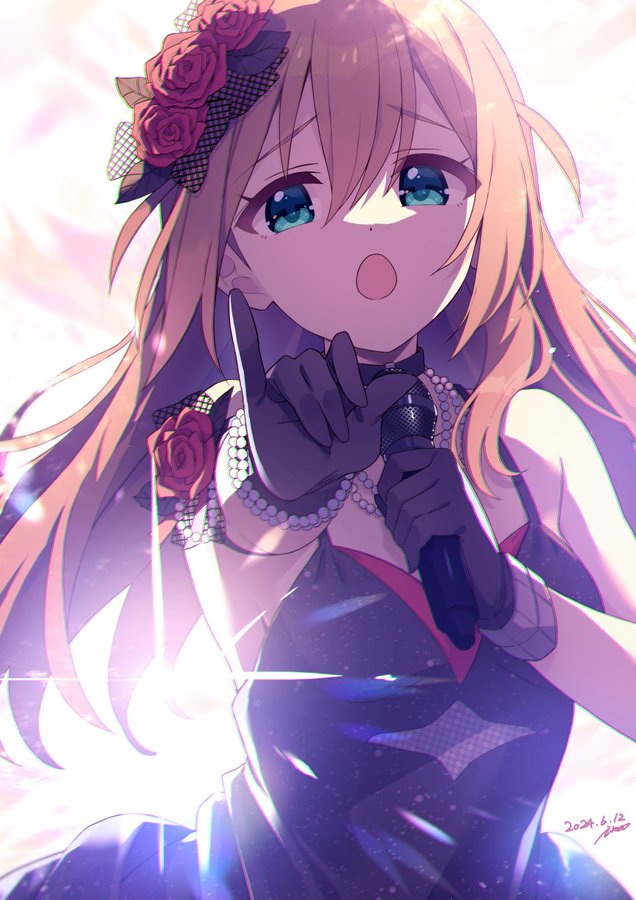 1girl, aqua_eyes, arm_garter, baba_konomi, birthday, black_arm_garter, black_choker, black_dress, black_gloves, bracelet, breasts, brown_hair, choker, collarbone, commentary_request, concert, cowboy_shot, dated, dot_nose, dress, fishnets, flower, gem, gloves, hair_between_eyes, hair_flower, hair_ornament, hands_up, holding, holding_microphone, idol, idol_clothes, idolmaster, idolmaster_million_live!, ima_(lm_ew), jewelry, lace, long_bangs, long_hair, microphone, music, necklace, official_alternate_costume, official_alternate_hairstyle, open_mouth, pearl_(gemstone), pearl_bracelet, pearl_necklace, pointing, pointing_at_viewer, pointing_forward, red_flower, red_rose, red_shirt, red_undershirt, rose, shirt, sideboob, signature, singing, sleeveless, sleeveless_dress, sleeveless_shirt, small_breasts, straight-on, straight_hair, undershirt
