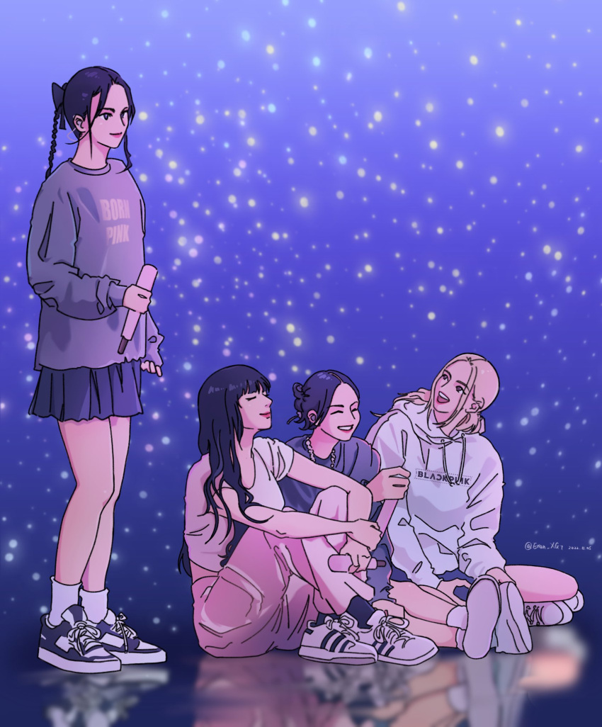 4girls, ^_^, black_hair, black_socks, blackpink, blonde_hair, closed_eyes, eren_xg7