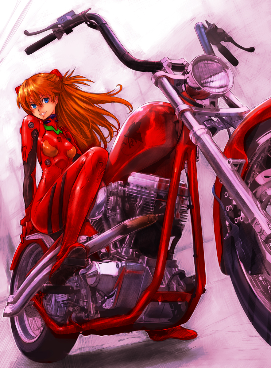 bodysuit, boyaking, grin, highres, long_hair, motor_vehicle, motorcycle, neon_genesis_evangelion