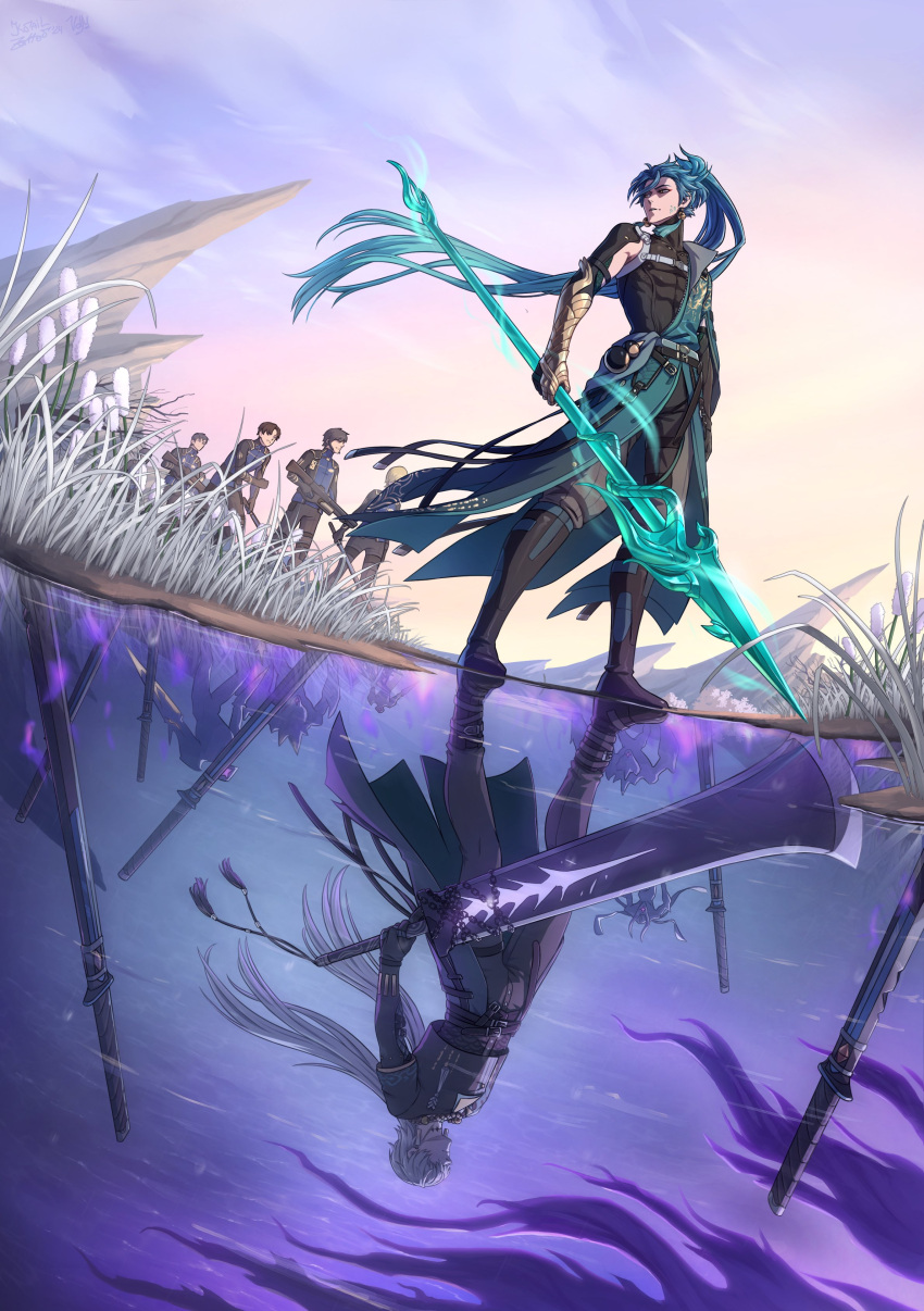 6+boys, absurdres, aqua_hair, belt, black_gloves, black_hair, character_request, clouds, different_reflection, dusk, earrings, geshulin_(wuthering_waves), gloves, grass, gun, high_ponytail, highres, holding, holding_weapon, jewelry, jiyan_(wuthering_waves), katana, klavsin, long_hair, multiple_boys, outdoors, pants, polearm, reflection, reflective_water, shirt, short_hair, sword, tacet_mark_(wuthering_waves), toned, water, weapon, white_hair, wuthering_waves