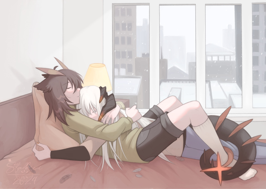 2girls, arkiwi, arknights, bedroom, between_legs, black_shorts, brown_hair, commentary