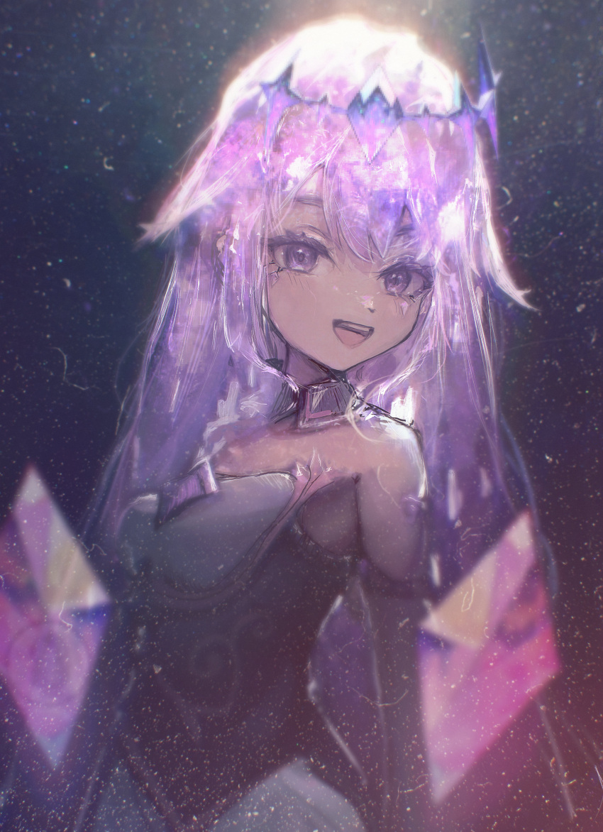 1girl, absurdres, bare_shoulders, chest_jewel, circlet, detached_collar, detached_sleeves, double-parted_bangs, dress, gem, hair_between_eyes, hair_flaps, headpiece, highres, hololive, hololive_english, jewel_under_eye, koseki_bijou, koseki_bijou_(1st_costume), long_hair, material_growth, open_mouth, original, pleated_dress, purple_gemstone, purple_hair, solo, taku_artworks, underbust, very_long_hair, violet_eyes, virtual_youtuber, white_dress