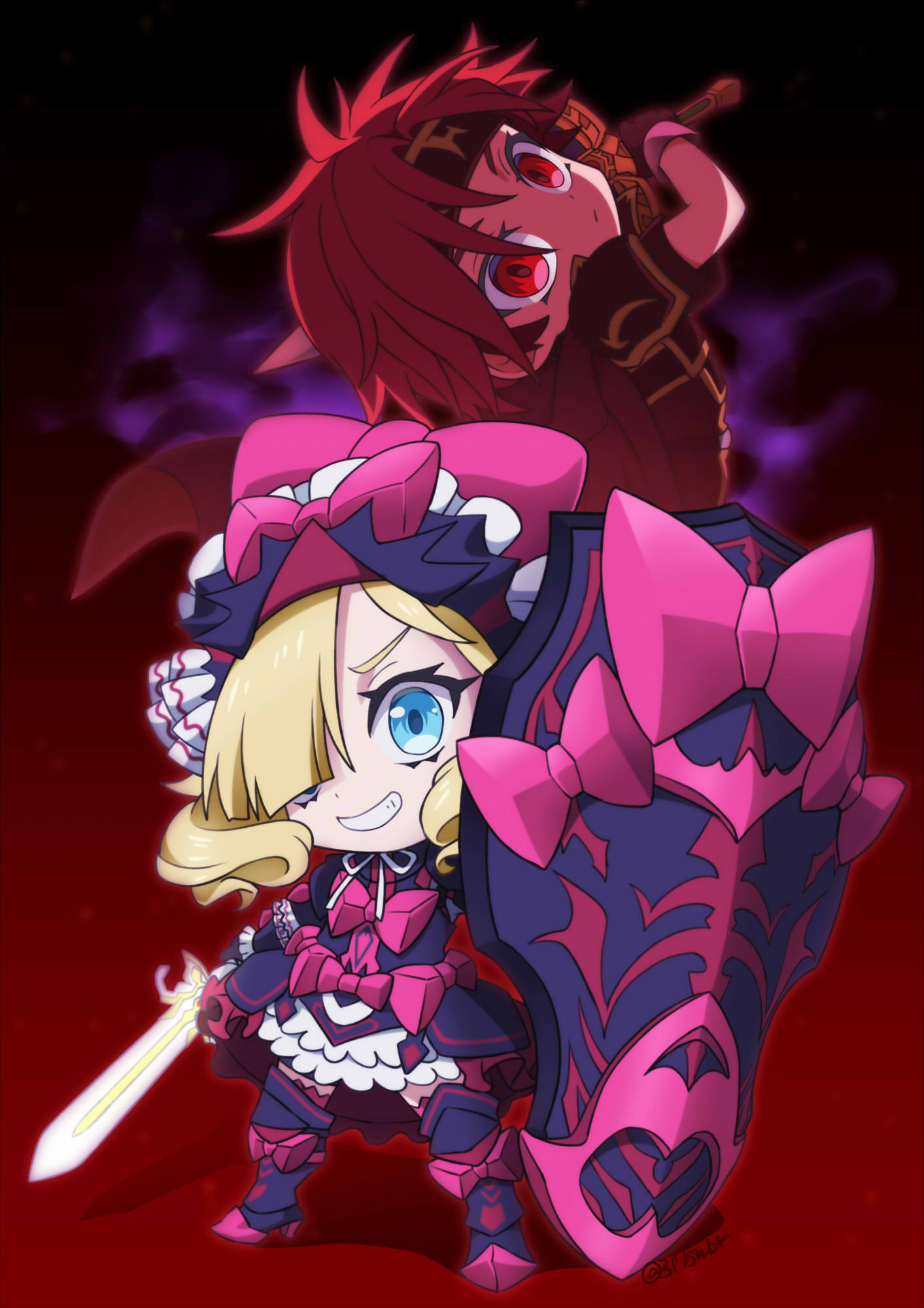 1boy, 1girl, 317_(saina), blue_eyes, blunt_bangs, cross-laced_clothes, cross-laced_dress, dark_persona