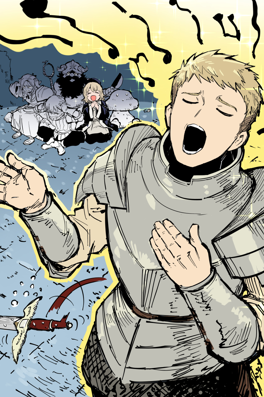 absurdres, ambrosia_(dungeon_meshi), armor, bad_singing, beard, blonde_hair, blue_robe, chilchuck_tims