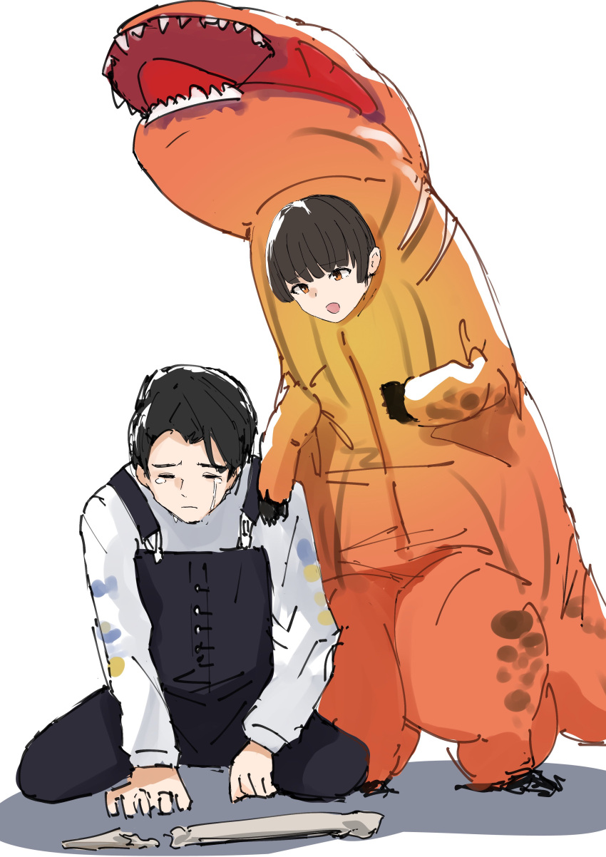 1boy, 1girl, absurdres, akuse_jou, bakuage_sentai_boonboomger, black_hair, black_overalls, bone
