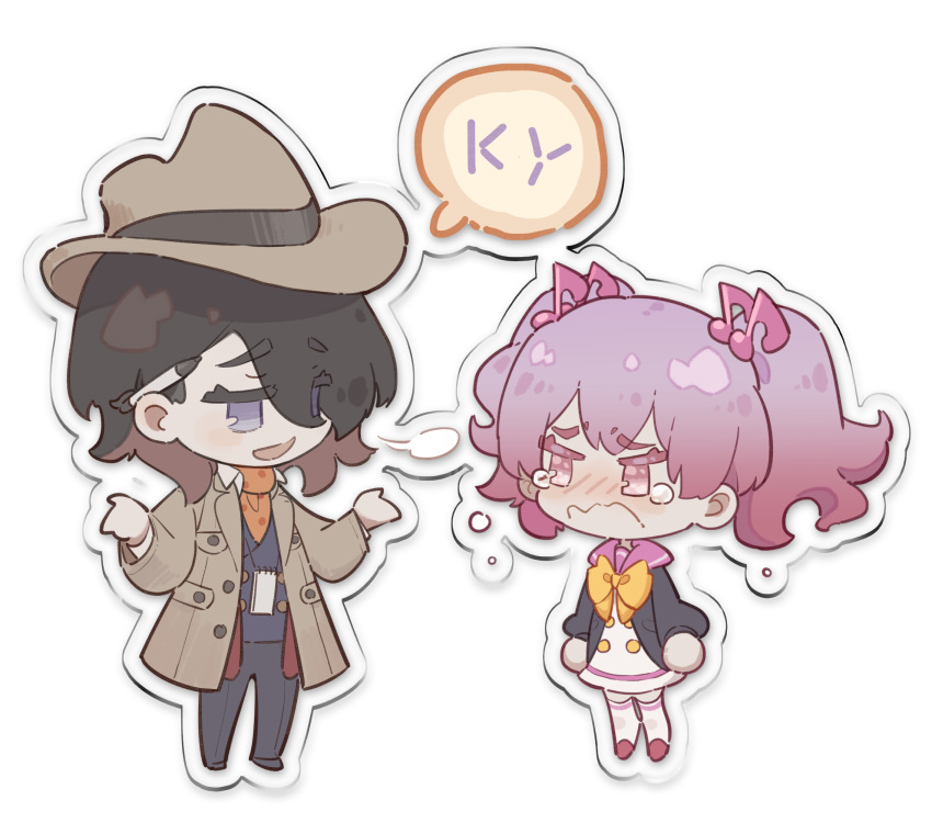 1boy, 1girl, black_footwear, black_hair, black_jacket, black_pants, black_vest, blush, bow, bowler_hat, bowtie, brown_coat, brown_hair, brown_hat, buttons, chibi, closed_mouth, coat, collared_coat, collared_shirt, colored_inner_hair, commentary, crying, crying_with_eyes_open, danganronpa_(series), danganronpa_another, double-breasted, dress, english_commentary, eyes_visible_through_hair, frown, furrowed_brow, gisces, gradient_hair, hair_ornament, hair_over_one_eye, hat, height_difference, highres, jacket, lapels, long_sleeves, multicolored_hair, musical_note, musical_note_hair_ornament, nail_polish, notched_lapels, notepad, open_clothes, open_coat, open_jacket, open_mouth, otonokoji_kanade, outline, pants, pen_behind_ear, pink_eyes, pink_footwear, pink_hair, pink_sailor_collar, polka_dot, polka_dot_scarf, puffy_long_sleeves, puffy_sleeves, red_jacket, sad, sailor_collar, scarf, shirt, shoes, short_dress, short_hair, short_twintails, shrugging, simple_background, slippers, smile, speech_bubble, super_danganronpa_another_2, teardrop, tears, thigh-highs, trench_coat, twintails, vest, violet_eyes, wavy_mouth, white_background, white_dress, white_outline, white_shirt, white_thighhighs, yellow_bow, yellow_bowtie, yellow_scarf, yomiuri_nikei