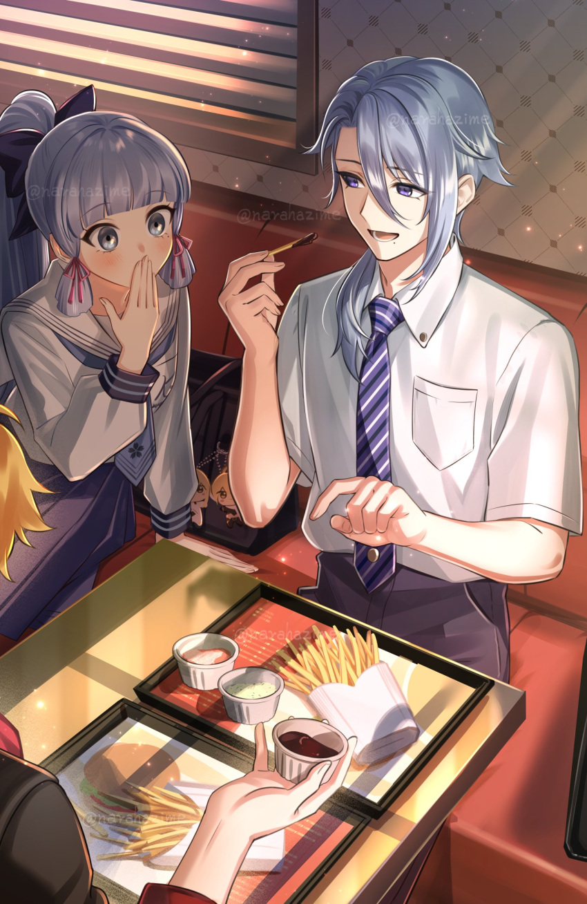 1girl, 2boys, aether_(genshin_impact), black_pants, black_skirt, blonde_hair, blue_eyes, blue_hair