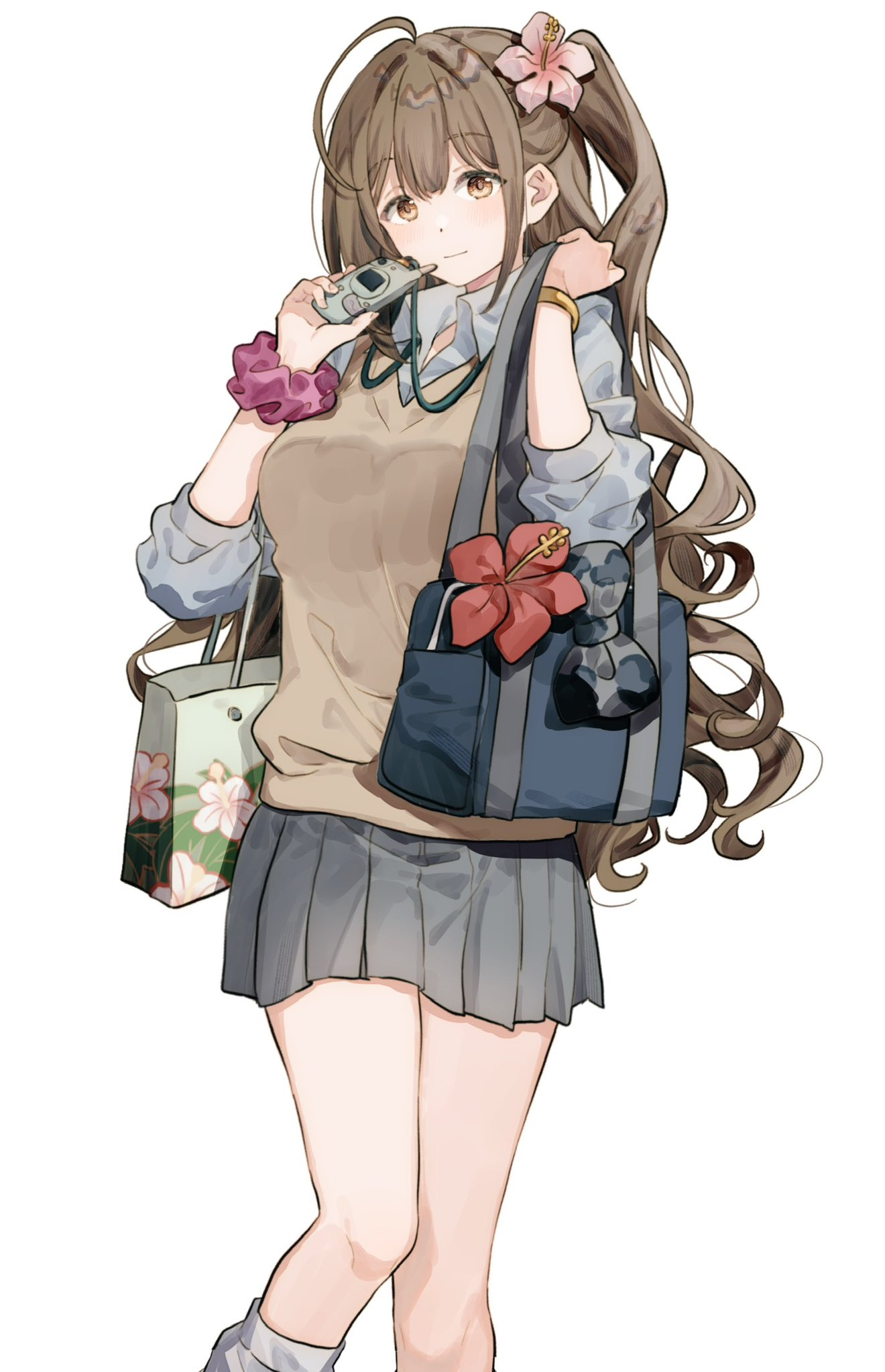 1girl, ahoge, bag, blue_bag, bow, breasts, brown_eyes, brown_hair, brown_sweater_vest, cellphone, check_flower, closed_mouth, collared_shirt, double-parted_bangs, feet_out_of_frame, floral_print, flower, gold_bracelet, grey_bow, grey_shirt, grey_skirt, gyaru, hair_flower, hair_ornament, hands_up, hibiscus, highres, holding, holding_phone, holding_strap, idolmaster, idolmaster_shiny_colors, kuwayama_chiyuki, lanyard, large_breasts, light_smile, long_hair, looking_at_viewer, migolu, miniskirt, multicolored_bow, one_side_up, open_collar, phone, pink_flower, pink_scrunchie, pleated_skirt, red_flower, school_bag, scrunchie, shirt, shoulder_bag, sidelocks, simple_background, skirt, sleeves_past_elbows, sleeves_pushed_up, socks, solo, standing, sweater_vest, thick_eyelashes, thighs, v-neck, very_long_hair, white_background, white_socks, wrist_scrunchie