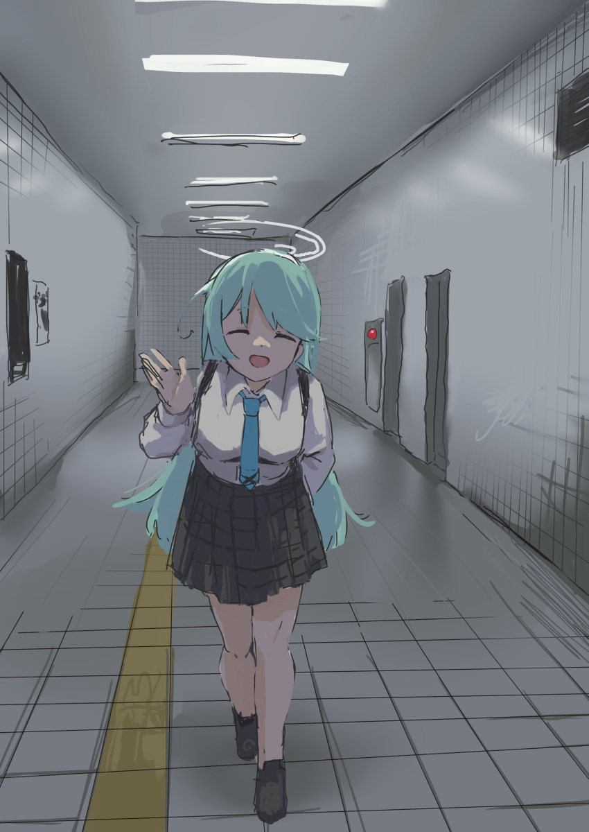 1girl, absurdres, aqua_hair, blue_archive, blue_necktie, ceiling, ceiling_light, closed_mouth