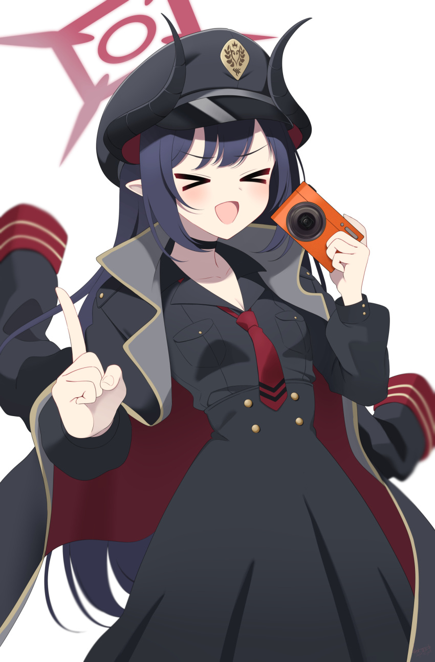 >_<, >o<, 1girl, ahoge, black_coat, black_hair, black_horns, blue_archive