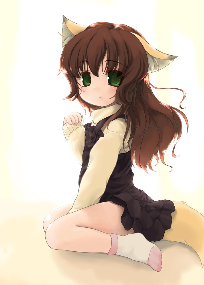 animal_ears, brown_hair, child, fox_ears, green_eyes, long_hair, ohiensis, original