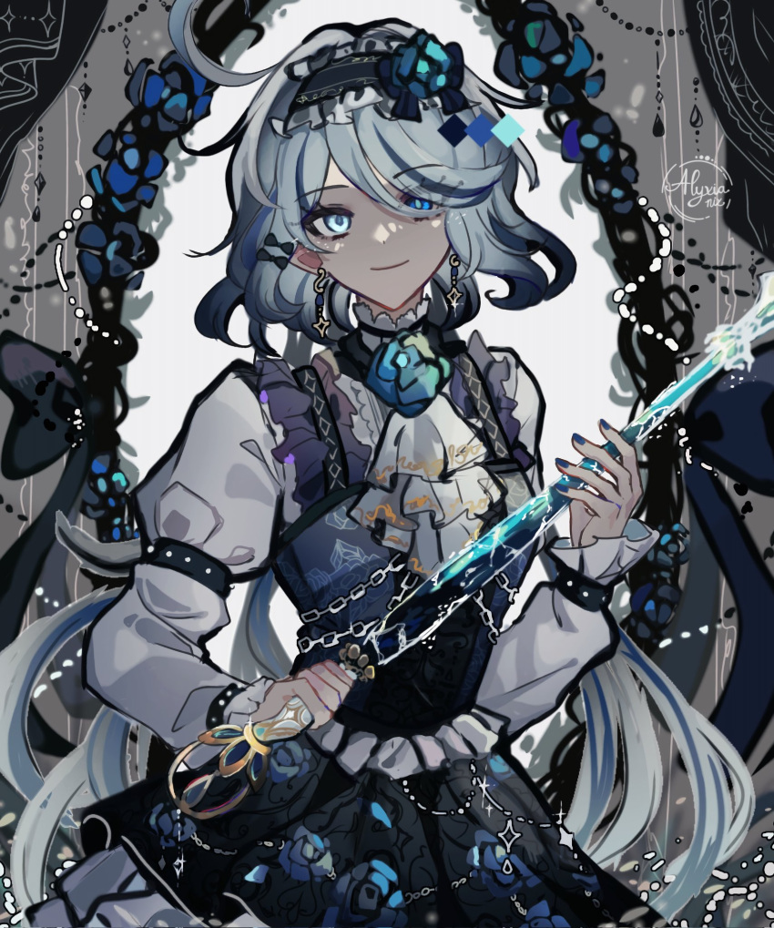 1girl, ahoge, alternate_costume, ascot, blue_dress, blue_eyes, blue_hair, commentary