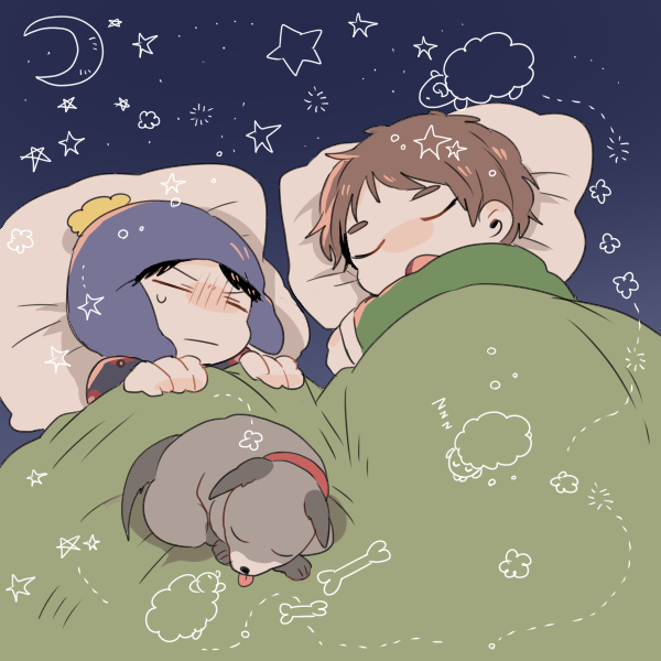 2boys, animal, animification, black_hair, blanket, brown_hair, closed_eyes, clyde_donovan
