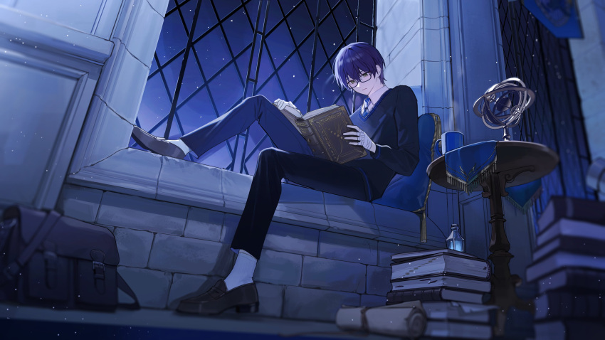 1boy, absurdres, armillary_sphere, bag, bandaged_hand, bandages, black_pants, black_sweater