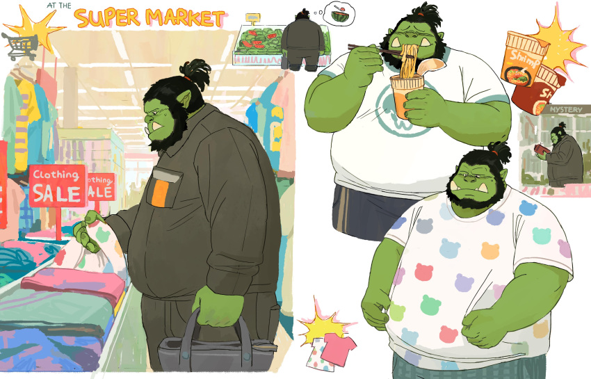 1boy, absurdres, animal_print, bag, bardin_(huynh_minh_duy), bear_print, beard, big_belly