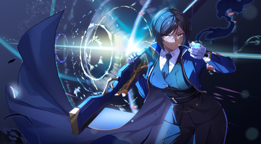1girl, asdf_(rokiru08), belt, black_vest, collared_shirt, dark-skinned_female, dark_skin, gun, highres, holding, holding_gun, holding_weapon, limbus_company, mature_eyes, necktie, official_alternate_costume, outis_(project_moon), project_moon, rifle, shirt, smoking, smoking_pipe, solo, vest, weapon